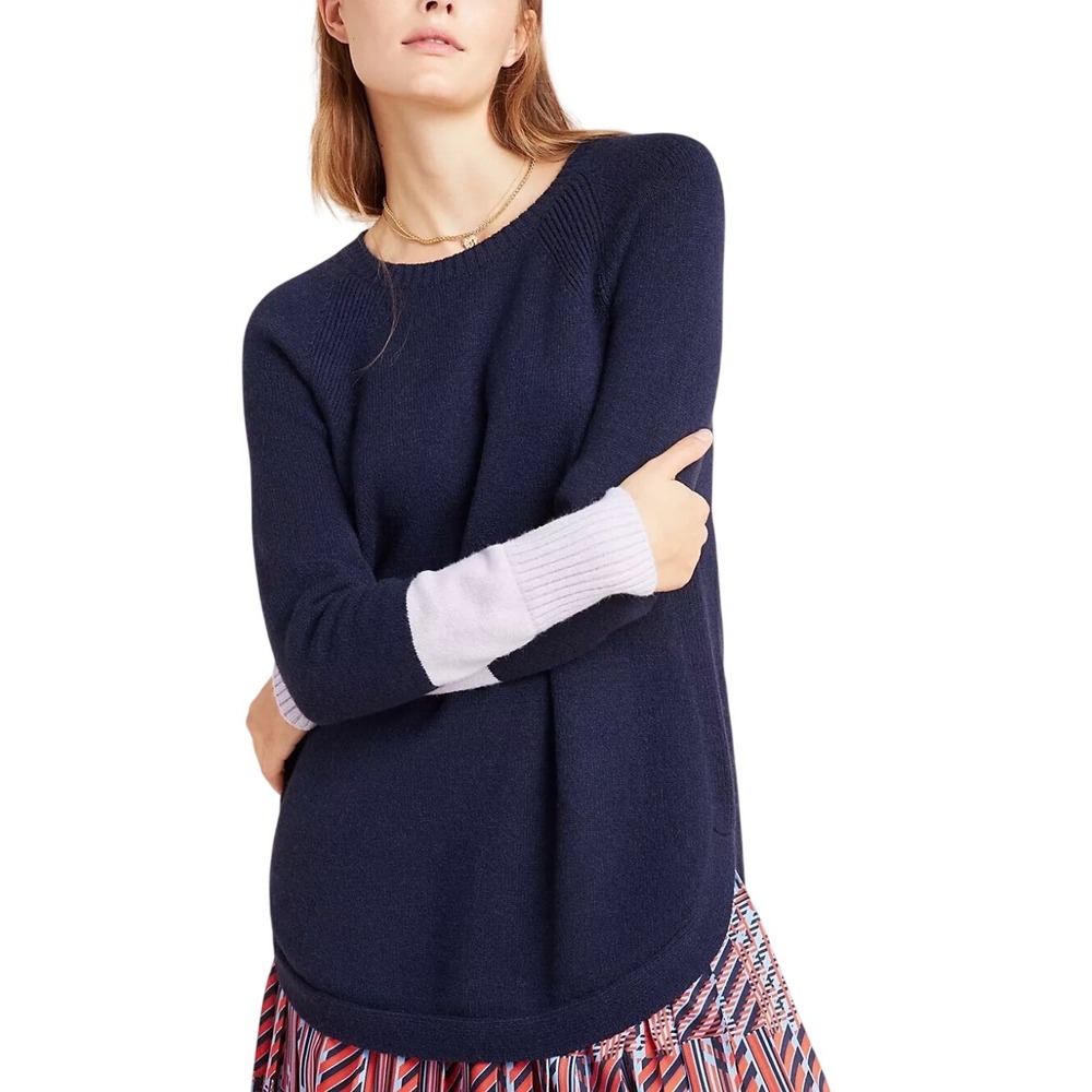 Anthropologie Navy Blue Colorblock Cuff Raglan Knit Sweater Womens Medium